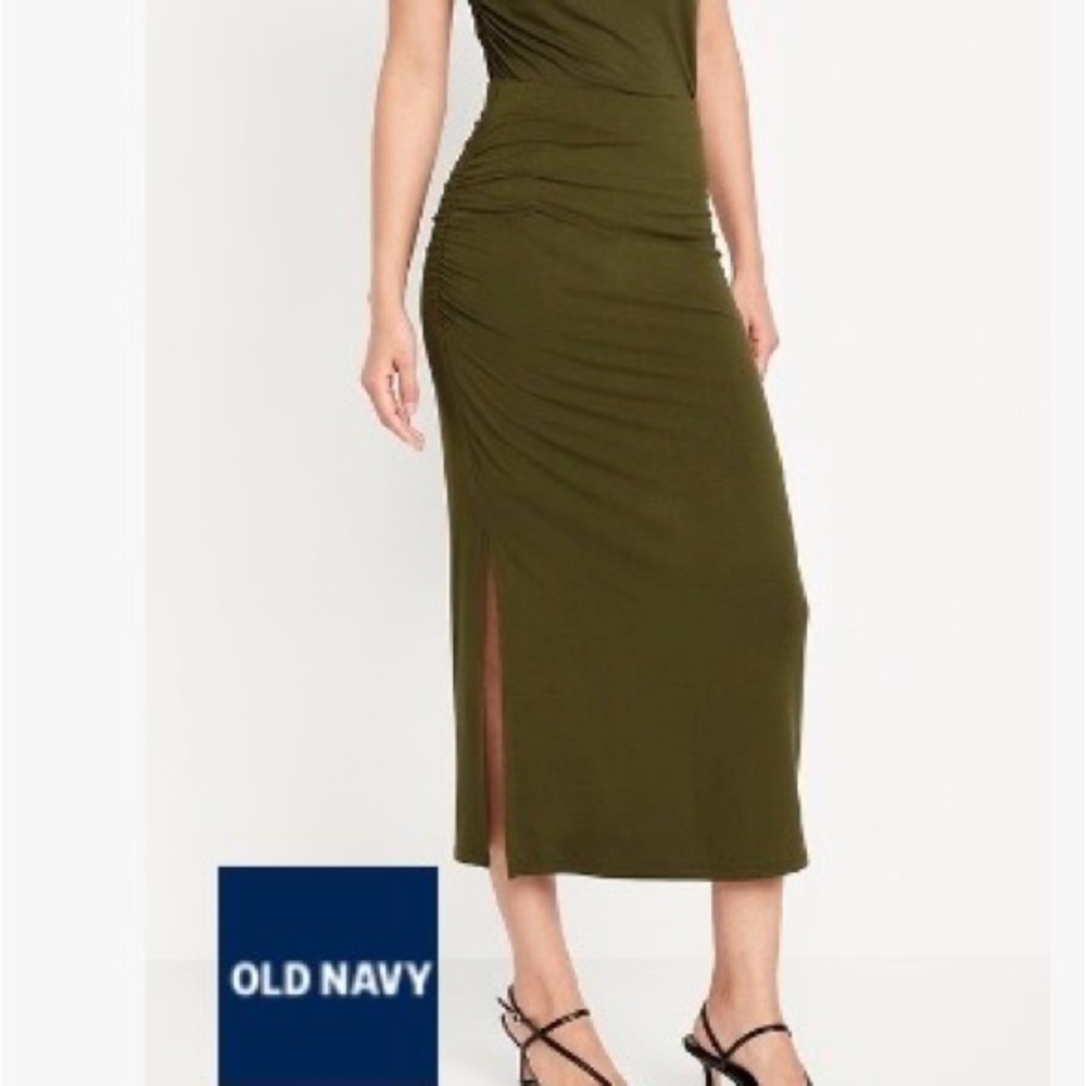 Old Navy Olive Green Ruched Side-Slit Midi Skirt 4x NWT
